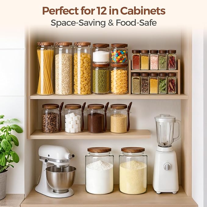 ComSaf Glass Pasta Storage Containers with Acacia Wood Lids 1.7Qt 3Pack | 11.3in Tall jar, for Cooks, Spaghetti Pasta Oats Cereal Beans, Kitchen Pantry Cabinet, Long Canisters with Labels, Durable - Image 5