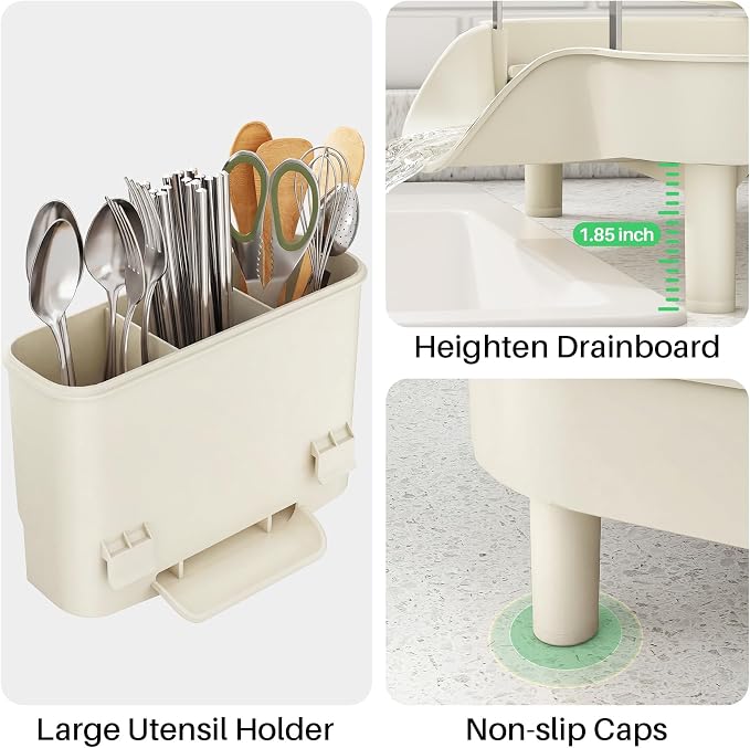 SAYZH Expandable Dish Drying Rack for Small Kitchen Counter, Beige | Stainless Steel, Protective Guardrail, Angled Drainboard, Fits High-Rim Sinks, Removable Utensil Holder - Image 7