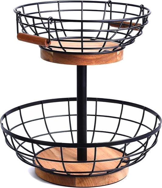 2 Tier Fruit Basket with Banana Hanger, Metal Fruit Bowl Stand with Wooden Base, Kitchen Counter Fruit Organizer for Vegetables, Bread, Snacks Storage Basket by Milentii