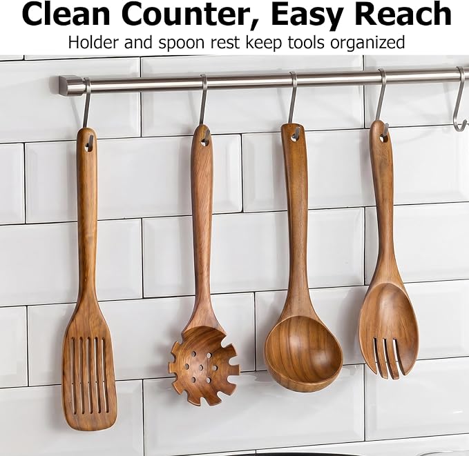 Wooden Spoons for Cooking, 4-Piece Teak Wood Kitchen Utensil Set, Nonstick Safe Wooden Cooking Utensils-Includes Soup Ladle, Pasta Spoon, Slotted Spoon, Salad Fork, for Everyday Meals(A04) - Image 8