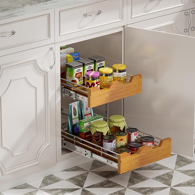 DINDON 2 Tier Pull Out Cabinet Organizer (11" W x 21" D) Slide Out Wood Shelf Organizers Double Tier Kitchen Wire Basket with Chrome Finish… - Image 4