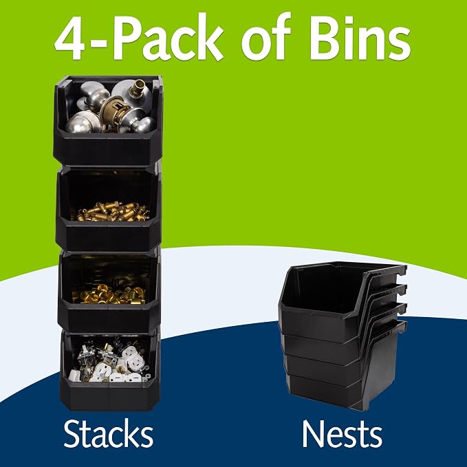 Medium-Tall Stackable Plastic Storage Bins, 4-Pack, Black | Open-Front Stackable Bins For Garage, Pantry, Closet & Office, 7"L X 11"W X 8"H, Nests When Empty, Durable Plastic, - Image 3
