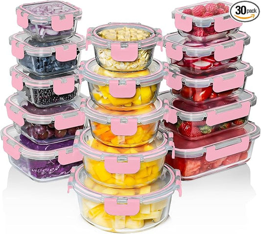 Razab 30 PC Glass Food Storage Containers with Lids - Reusable Glass Meal Prep Containers for Lunch and Leftovers - Airtight & Leakproof Snap Locking Lids - Oven, Freezer, Microwave, Dishwasher Safe by RazabHomeGoods