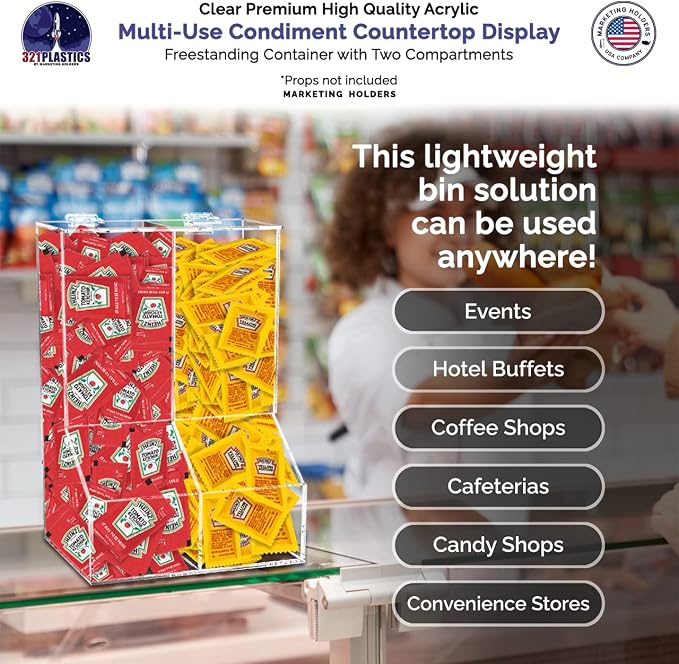 Marketing Holders Divided Condiment Bin with Lid 2 Compartment Sugar Packets or Wrapped Candy Caddy Clear Acrylic 8.5" x 12" Tabletop Organizer for Bakeries and Restaurants - Image 2