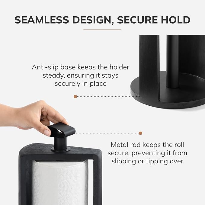 Anji Mountain Wooden Paper Towel Holder with Metal Holder, Holder Stand for Kitchen Roll Organizer & Kitchen Dining Table Home Décor, Countertop Fits Jumbo & Mega Rolls - Black/Black, Top Load - Image 4