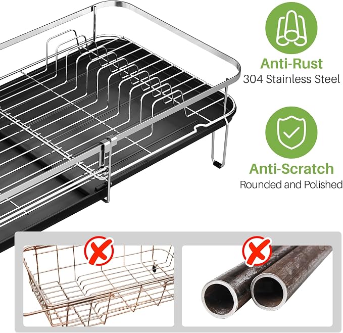 SNTD Expandable Dish Drying Rack for Kitchen Counter, 13.8-22.6 in, Silver | Stainless Steel, Removable Utensil & Cup Holder, Self Draining Drainboard with Rotating Spout - Image 5