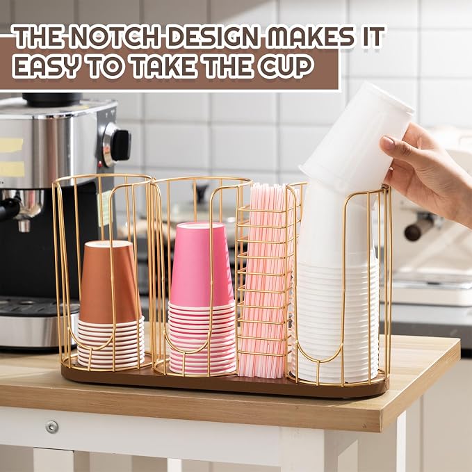 18oz Adjustable Coffee Cup Dispenser with Wooden Base, Cup and Lid Holder, Cups Holder Organizer for Coffee Pod Straw and Lid Storage(4-compartment Single,Color 2) - Image 6