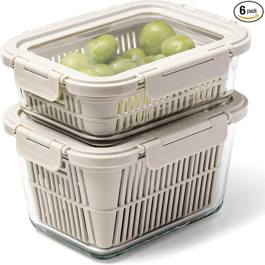 2 Pack Large Glass Produce Containers for Fridge with Colanders | 142oz Borosilicate Glass Produce Containers, Airtight Food Storage with 81 oz Glass Lid & 61 oz Silicone Lid, BPA Free by GENICOOK