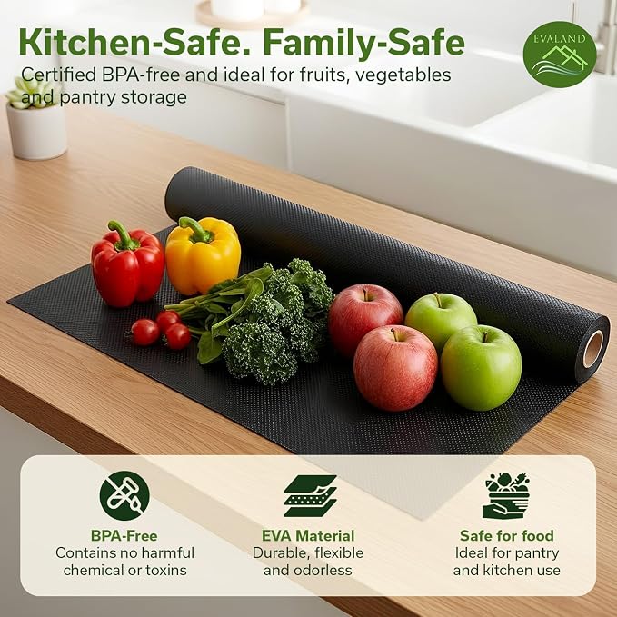 EVALAND Shelf Liner Cabinet Liner Non-Adhesive Drawer Liner 17.7 in x 33 FT | Non-Slip, Washable, Waterproof, Fridge Liners, Contact Paper, Shelf Liners for Cabinets, Kitchen, Refrigerator, Black - Image 6