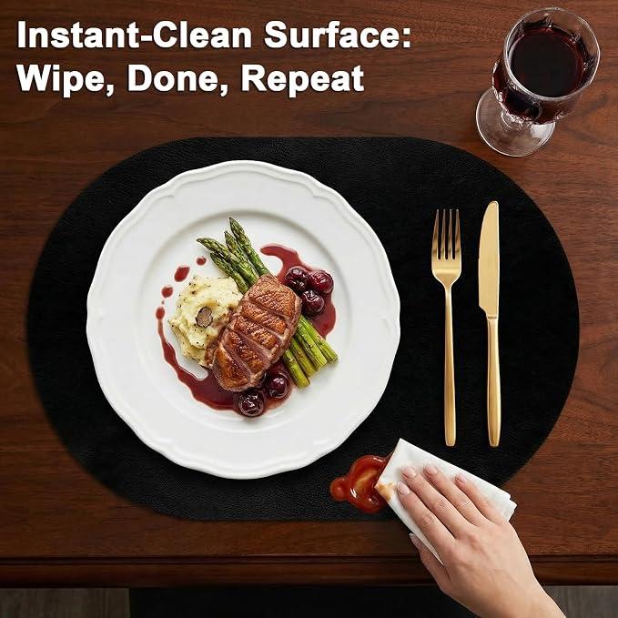 Oval Placemats 2mm Ultra Thick Faux Leather Table Mats, Heat Resistant Waterproof Wipeable Dining Mats for Kitchen Table, Set of 12, Black - Image 4