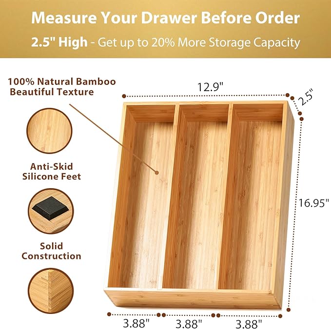 Bamboo Kitchen Utensils Organizer, 13 Inch Drawer Dividers for Silverware, Extra Deep Holder, with Non-Slip Feet, Wood Caddy for Flatware Cutlery - Image 2