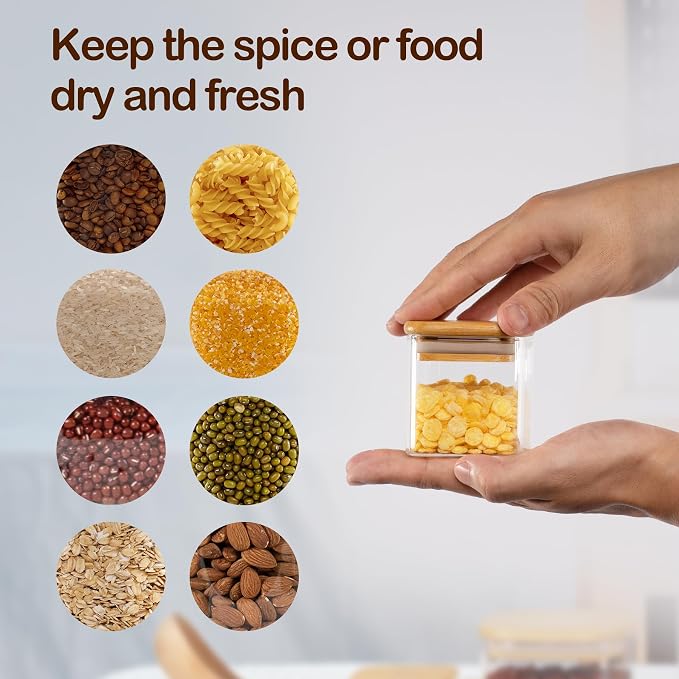 D2scrma 4oz Airtight Square Spice Containers with Bamboo Lid Set of 12 (120ml) with Black Lables Storage Stackable Spice Jar, Kitchen Canister for Sugar, Tea, Flour, Salt and Seasonings - Image 4