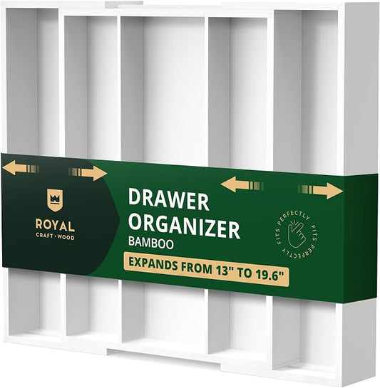 ROYAL CRAFT WOOD Luxury Bamboo Kitchen Drawer Organizer - Silverware Organizer - Utensil Holder and Cutlery Tray with Grooved Drawer Dividers for Flatware and Kitchen Utensils (5 Slot, White) by ROYALCRAFTWOOD