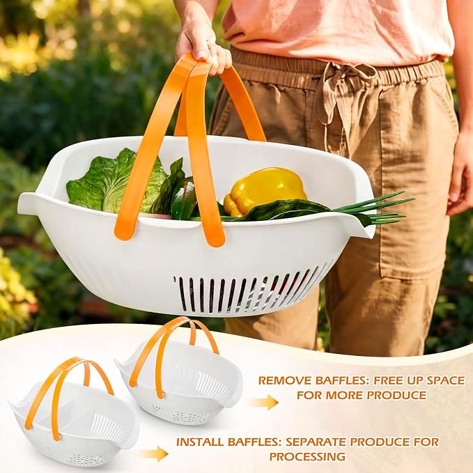 Nuogo 3 Pcs Garden Harvest Basket, Removable Partitions with Tool Caddy for Collecting, Carrying, and Cleaning Harvesting Basket Doubles Colander for Vegetables and Fruits Garden Accessories(White) - Image 5