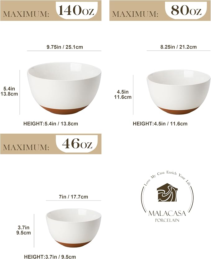 MALACASA Ceramic Mixing Bowls, Large Serving Bowls for Mixing, Cooking, Prepping, Baking, Salad, Soup, Pasta, Nesting Bowls Set of 3, 46/80/140 Oz, Oven, Microwave and Dishwasher Safe, Series TARA - Image 3