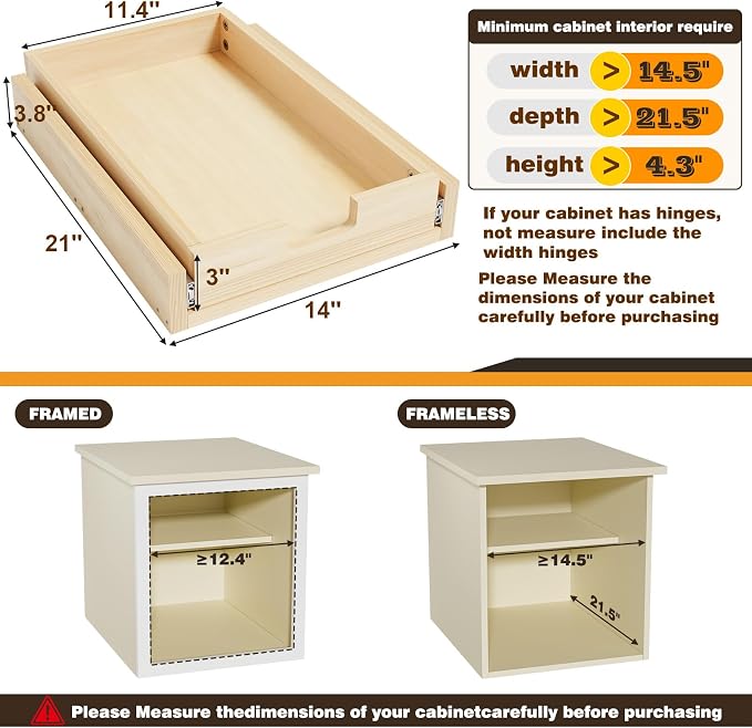 Pull Out Cabinet Organizer, 14''W×21''D Sliding Drawers for Cabinets, Soft Close Slide Out Wooden Pull out Drawers, Base Cabinet Organization for Kitchen, Pantry, Bathroom - Image 3