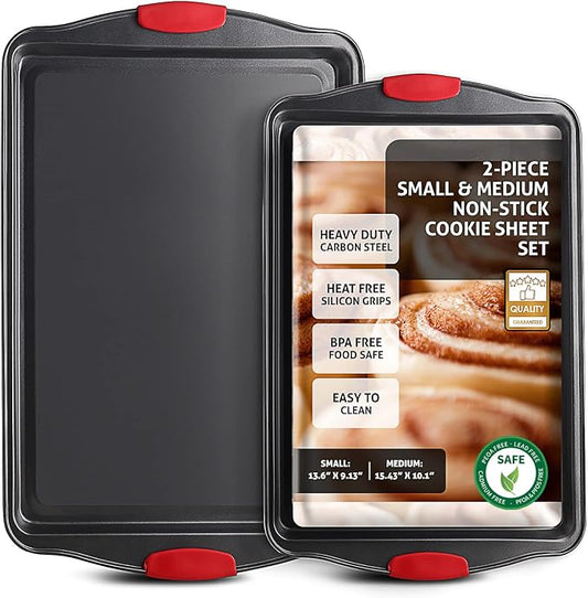 Baking Sheet, 2PC Cookie Sheet Set with Silicone Handles, Nonstick Steel Baking Pan, Baking Sheets for Oven, BPA Free Baking Pans Set, Cookie Sheets– Black Bakeware, Small & Medium by JOYTABLE
