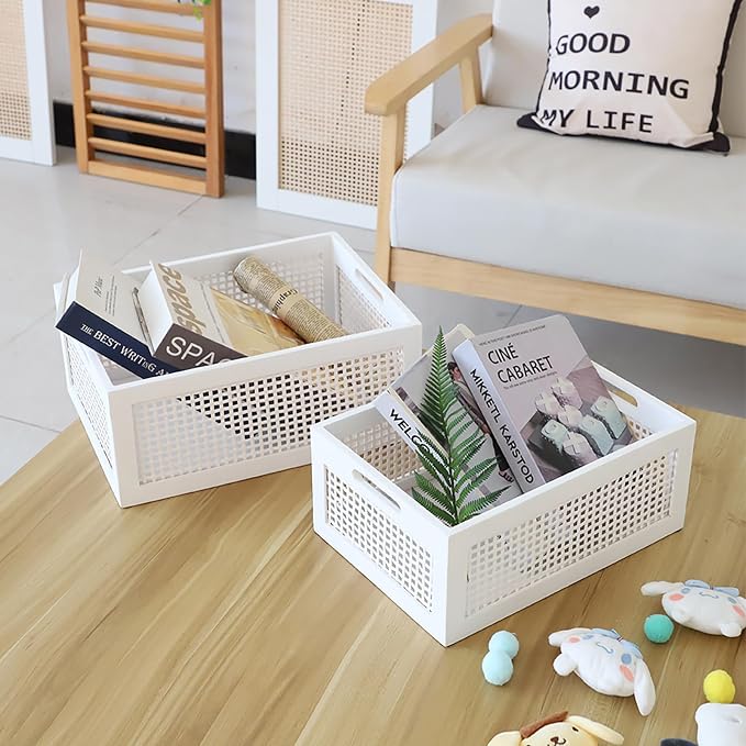 Desktop Storage Basket, Sundry Office Drawer Storage Box, Wood Frame Storage Basket. (White-Set2) - Image 5