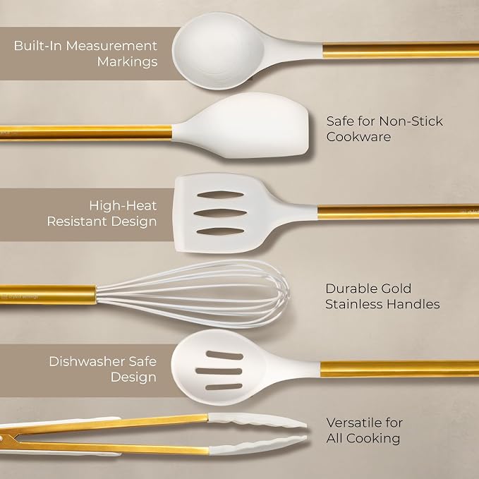 Styled Settings White and Gold Kitchen Utensils with Holder, 8-Piece | Heat Resistant, Nonstick, White Silicone Cooking Utensils Set, Ceramic Utensil Holder & Stackable Gold Spoon Rest - Image 7