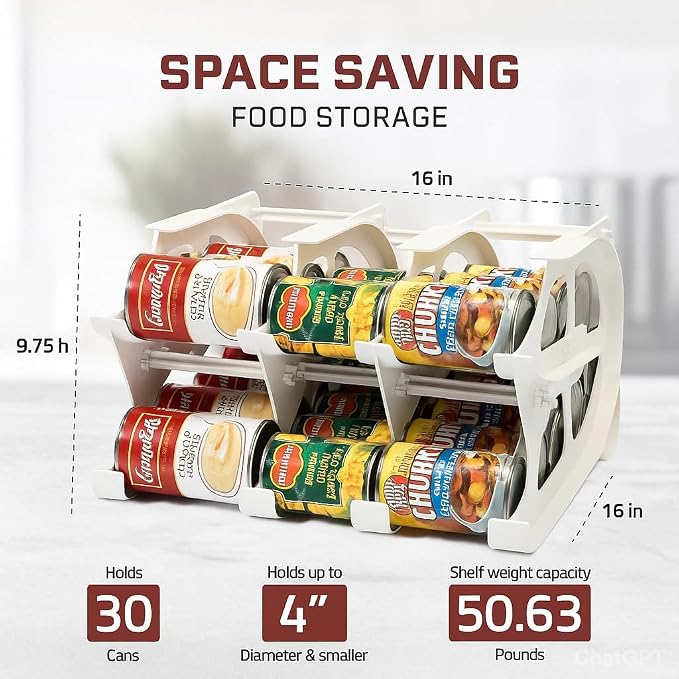 FIFO Can Tracker 2-Pack - 2-Tier Rotating Food Can Organizer for Pantry, Expandable Soda Can Storage for Kitchen, Holds 30 Cans of Food or Soda - Image 3