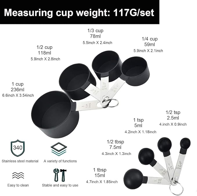 8-Piece Measuring Cup and Spoon Set, Plastic Measuring Cup and Spoon with Stainless Steel Handle, for Liquids and Solids, for Cooking Kitchen (Black) - Image 6