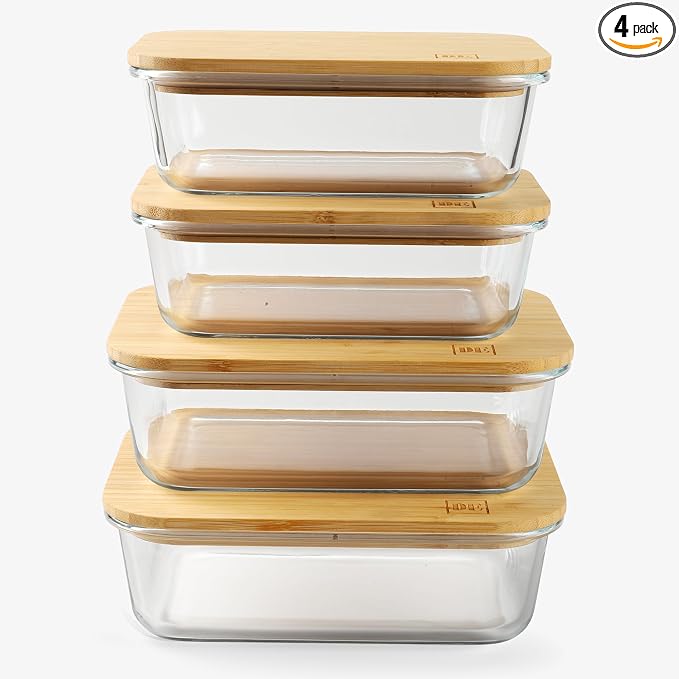 DE Glass Food Storage Containers with Bamboo Lids, (4, Pack 2 x 35oz & 2 x 51oz) Pack Meal Prep Glass Containers Safe for Microwave, Oven, Freezer and Dishwasher, BPA Free by Unknown