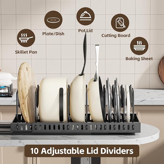 2 Pack Pots and Pans Organizer Under Cabinet, Expandable Pull Out Pot Lid Organizer with 10 Adjustable Dividers, Slide Out Pan Organizers Inside Cabinet for Kitchen Cabinets Drawers - Image 3