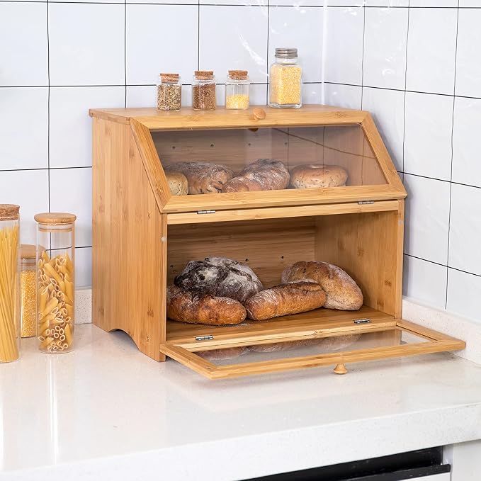 HOMEKOKO Double Layer Bread Box for Kitchen Countertop, Natural Bamboo | Keeps Bread Fresh 3-4 Days, Large Capacity Fits 2+ Loaves, Suitable For Home Kitchen Food Storage Use, See-Through Window - Image 2