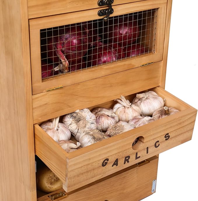 Potato Bin Veggie Organizer Rustic Pine Wood Potato, Onion & Garlic Storage Bin | Kitchen Organizer | Solid Wood Veggie Box | Compact Kitchen Box (13.77" L x 7.1" W x 29.3" H) - Image 5