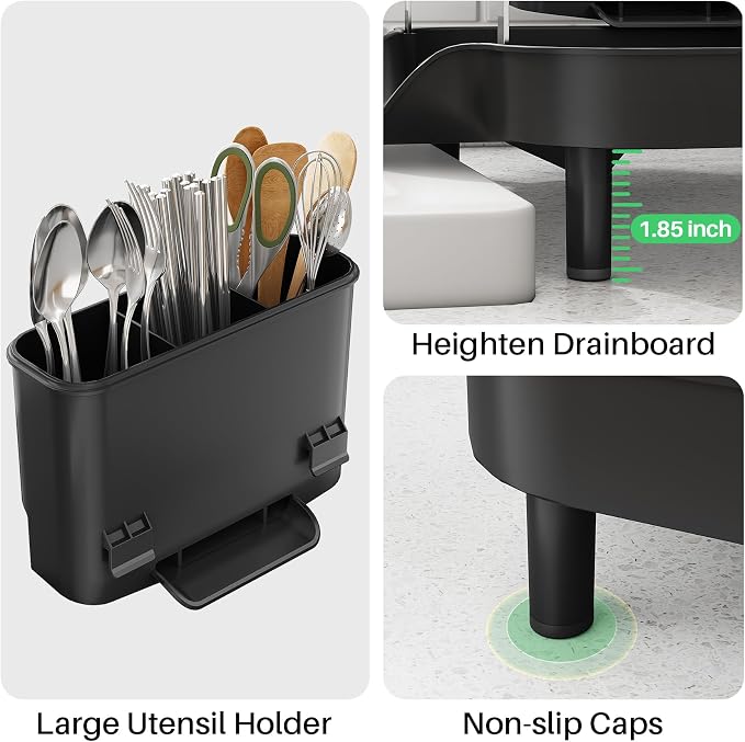 SAYZH Expandable Dish Drying Rack for Small Kitchen Counter, Black | Stainless Steel, Protective Guardrail, Angled Drainboard, Fits High-Rim Sinks, Removable Utensil Holder - Image 8