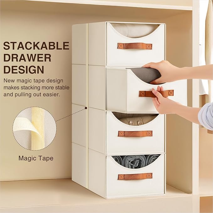 Stackable Storage Drawers - Collapsible Storage Bins with Drawers, 6 Pack Closet Shelf Organizer Basket, Fabric Pull Out Organizer for Bedroom, Living Room, Dorm, Beige - Image 4