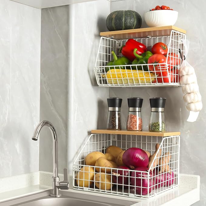 Mefirt White Fruit Bowl, 2-Tier Fruit Basket for Kitchen Counter, Stackable Wall Mounted Veggie Storage, Snack Organizer, Potato and Onion Storage Basket, Hanging Pantry Organizer with Wood Lid, 2 Set - Image 3