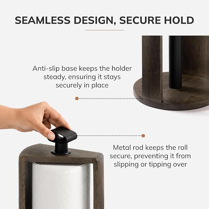 Anji Mountain Wooden Paper Towel Holder with Metal Holder, Holder Stand for Kitchen Roll Organizer & Kitchen Dining Table Home Décor, Countertop Fits Jumbo & Mega Rolls - Chocolate/Black, Top Load - Image 4