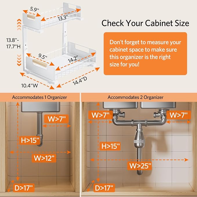 Delamu 2-Pack Under Sink Organizer, 2 Tier Pull out Under the Kitchen Sink Storage, Slide out Cabinet Organizer Shelf, Metal Sliding Drawer for Bathroom Pantry Closet Organization Rack, White - Image 2