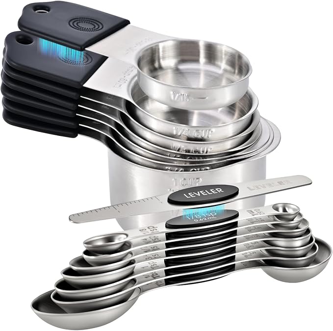 EDELIN Magnetic Measuring Cups and Spoons Set, Stainless Steel 7 cup and 7 spoon with 1 Leveler, 18/8 304 stainless steel (Black 15 sets) by EDELIN