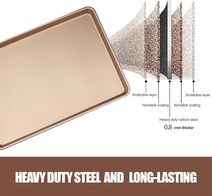 3-Pack Nonstick Carbon Steel Baking Sheet Set | Heavy Duty 0.8mm Cookie Sheets - Large 17.8"x12" & 2 Medium 15.7"x10.8" Commercial Gold Pans for Oven, Roasting & Toaster - Image 3