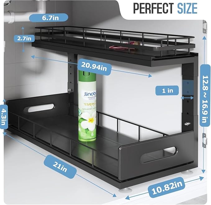 Under Sink Organizer Upgrade To Professional Rails,2-Tier Dual Pull Out Cabinet Storage,Height Adjustable Slide Out Drawers For Bathroom Kitchen,1 Pack-21"Dx12.8"-16.9"H,Black - Image 2