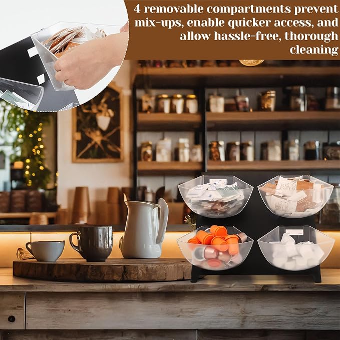 DoubleFill 15.5''x10''x 10.5'' Coffee Condiment Packet Organizer with 4 Removable Compartments Steel Coffee Caddy Station Creamer Sugar Tea Holder for Bar Countertop Office Kitchen Accessories(Black) - Image 4