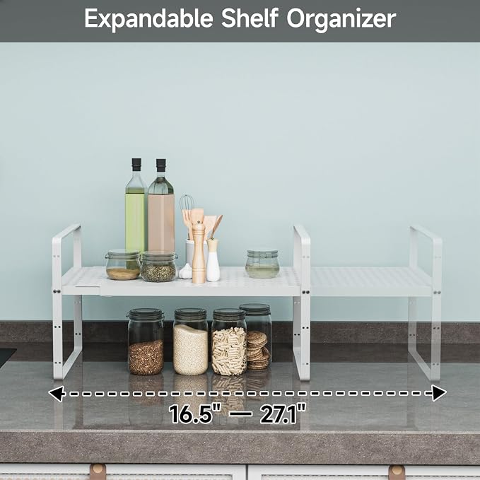 2Pack 16.5-27''L Expandable Cabinet Countertop Shelf Organizer, White | 8"W x 9.6"H, Stackable Metal Shelves, Storage Spice Rack, For Pantry and Cupboard, Kitchen Organizers and Storage - Image 6