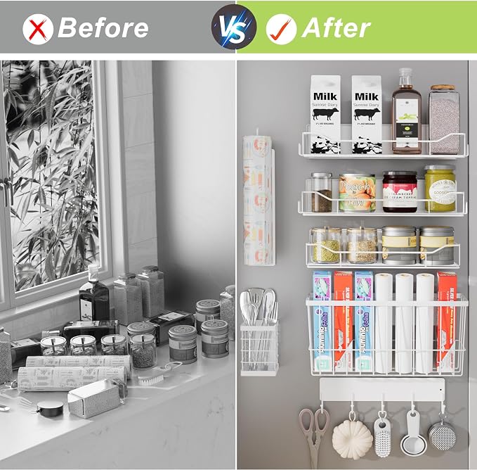 Magnetic Spice Rack for Refrigerator, 7 Pack Magnetic Fridge Shelf for Kitchen Organization Storage, Moveable Spice Organizer W/Paper Towel Holder, Utensil Caddy, Cutting Board Rack (White) - Image 5