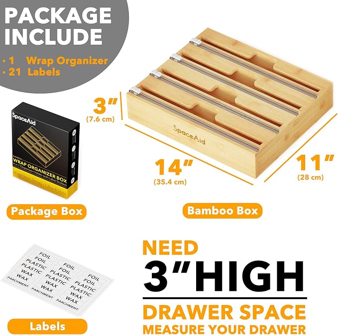 SpaceAid WrapNeat 4 in 1 Wrap Organizer with Cutter and Labels, Plastic Wrap, Aluminum Foil and Wax Bamboo Dispenser for Kitchen Storage Organization Holder for 12" Roll (Natural, 4-Slot) - Image 3