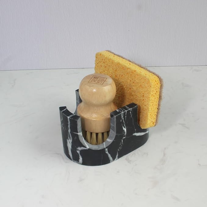 Natural Travertine Marble 2-Slot Sponge Holder for Kitchen Counter, 2-in-1 Stone Drying Rack, Sponge Caddy for Sink Organizer - Nero Portoro Marble - Image 5