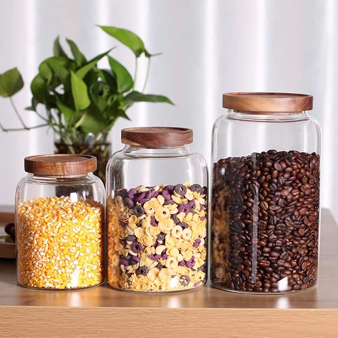 Glass Storage Jars with Airtight Lids, Set of 2 42 FL OZ (1250ml) coffee container with Wooden Lid, Glass Pantry Canister for Beans, Rice, Sugar and etc (6.3 inch high) - Image 6