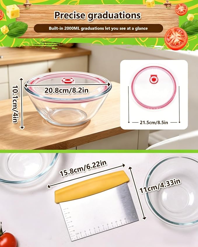 2 Pack Pizza Dough Proofing Container, 2000ML Glass Proofing Box with Clear Airtight Lid, Stackable Fermentation Storage for Dough Balls & Bread, Includes Cutter - Image 3