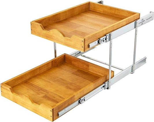 DINDON 2 Tier Pull Out Cabinet Organizer (14" W x 21" D) Double Tier Slide Out Wood Drawer Under Cabinet Storage And Organization by DINDON