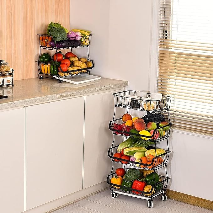 Fruit Vegetable Storage Basket, 4 Tier Stackable Metal Wire Storage Baskets with Wheels, Fruit Vegetable Produce Basket Organizer Bins for Kitchen, Pantry, Bathroom - Image 2
