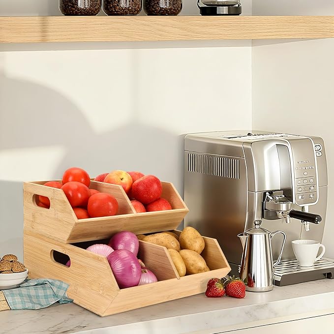 2 Set Pantry Organizers and Storage Bins, Bamboo Stackable Baskets for Potatoes, Onion, Bread, Vegetables - Bamboo Pantry Organizer Containers for Drawer, Cabinet, Countertop - Image 2