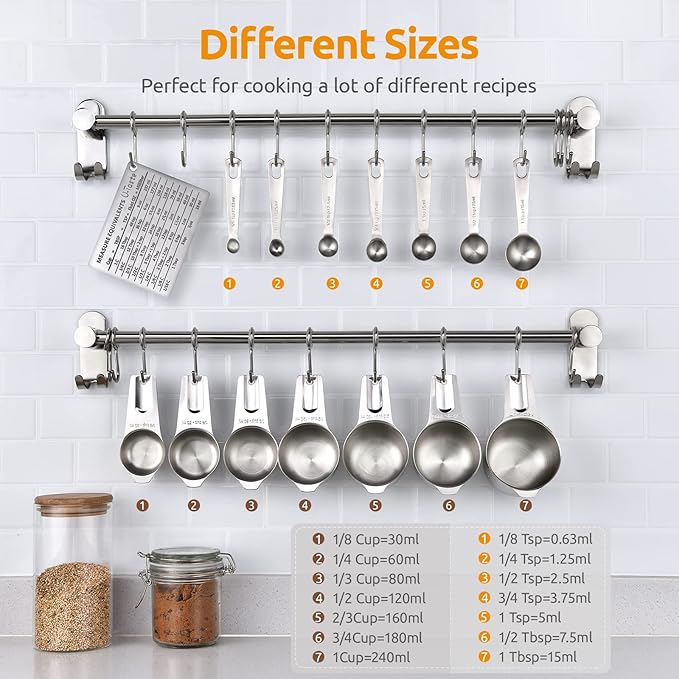 U-Taste Measuring Cups and Spoons Set of 15, 2 D-Rings & 1 Conversion Chart | 18/8 Stainless Steel Teaspoon Tablespoon, Stackable Metal Measuring Set, Magnetic Measure Chart, Kitchen Baking Cooking Food - Image 2
