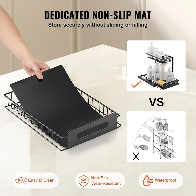 VEVOR 2 Tier Pull Out Cabinet Organizer(10.7"W x 14.2"D), Under Sink Organizer and Storage, Slide Out Drawer Cabinet Organizer, Wire Basket Sliding Storage, 12.5"Wx15.5"Dx13"H Install Size for Cabinet | Kitchen Slide Out Drawer Wire Basket Sliding Stor... - Image 4