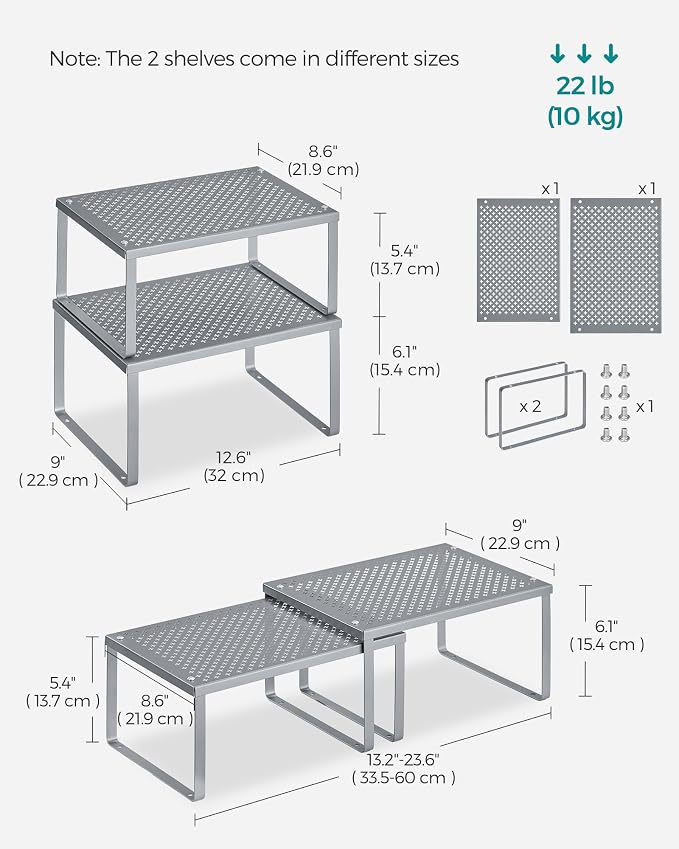 SONGMICS Spice Racks, Set of 2 Metal Cabinet Shelf Organizers, Countertop Organizers, Shelf Risers, Stackable, Expandable, Silver UKCS01SV - Image 2